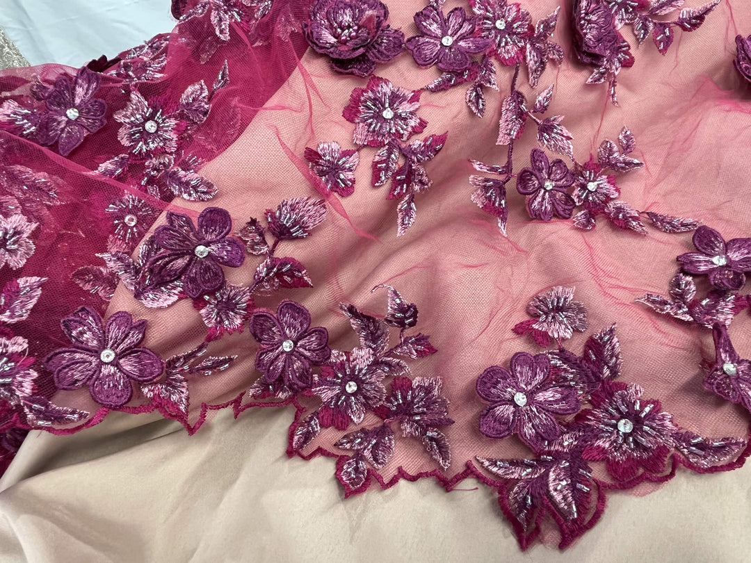 Fuchsia Beaded 3D Floral Lace-FabricEmbroidered on net mesh by LaceUSA  item GD1613 
