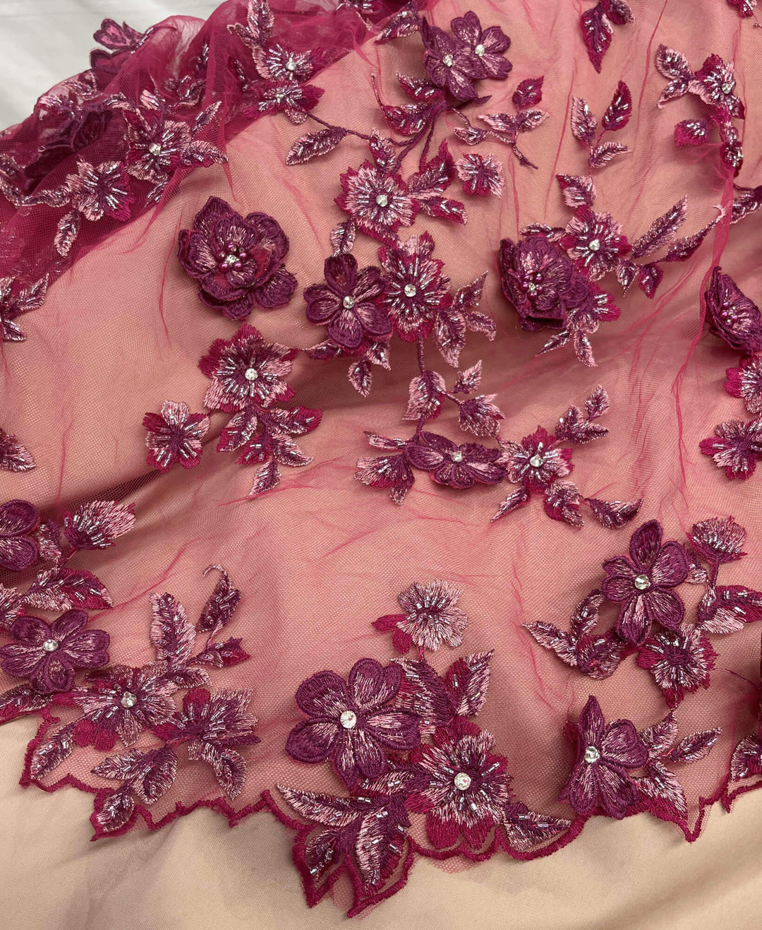 Fuchsia Beaded 3D Floral Lace-Fabric Embroidered on net mesh by LaceUSA  item GD1613 