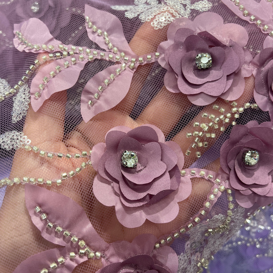 Beaded, Sequined 3D Floral Lace Fabric – Embroidered Mesh for Dresses & Gowns | Lace USA - GD-229