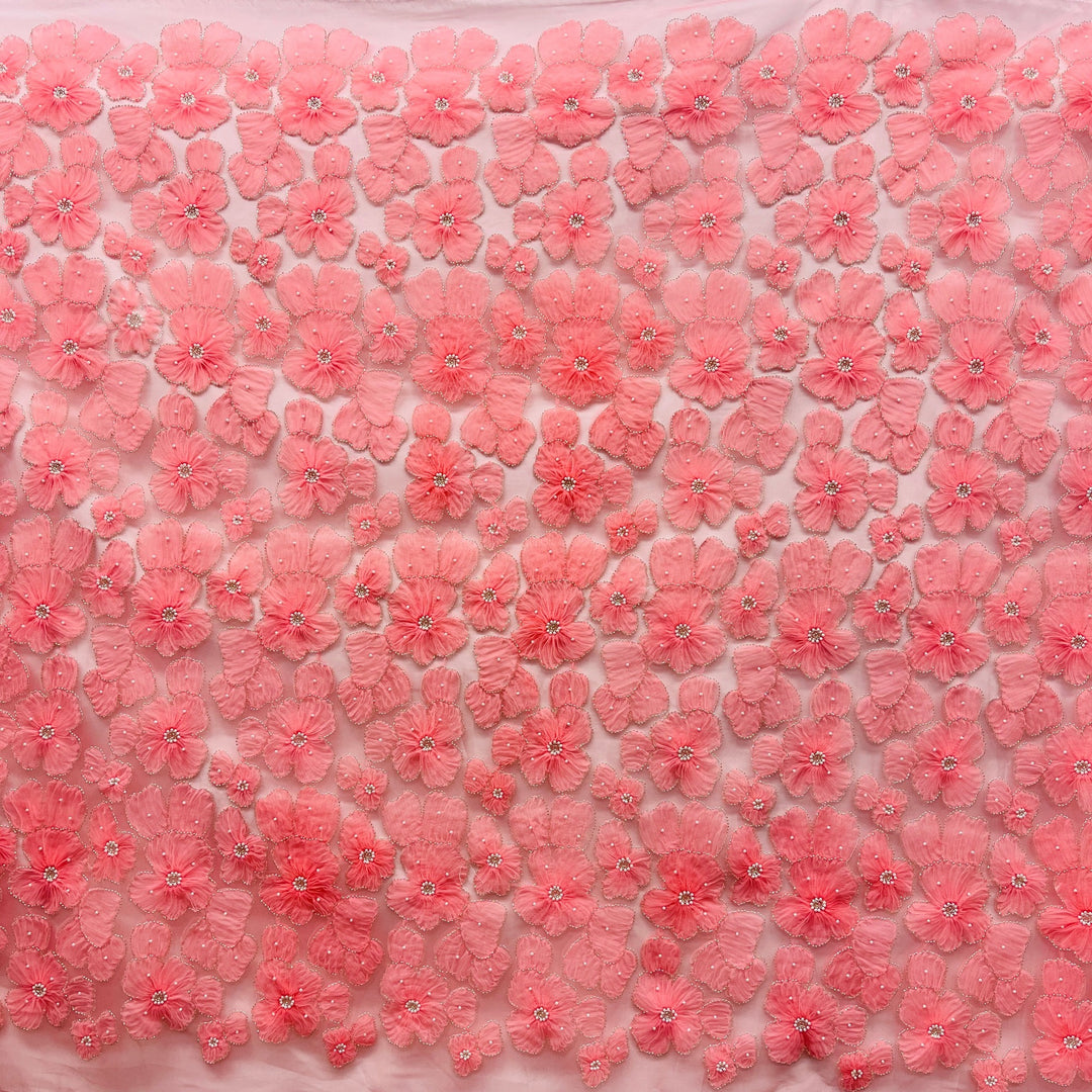 Fullview of Peach Beaded 3D floral lace fabric embroidered on net mesh for bridal and evening dresses | Lace USA - GD-216