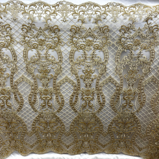 Beaded & Corded Bridal Lace Fabric Embroidered on 100% Polyester Net Mesh | Lace USA - GD-55221