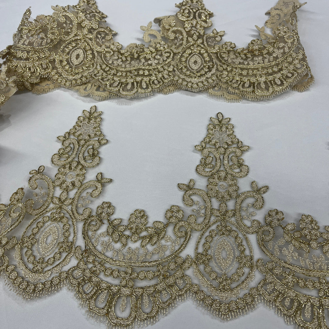 Two rows of 9-inch antique gold corded floral lace trim with ornate embroidery and scalloped edging on a white background, Lace USA 96794W.