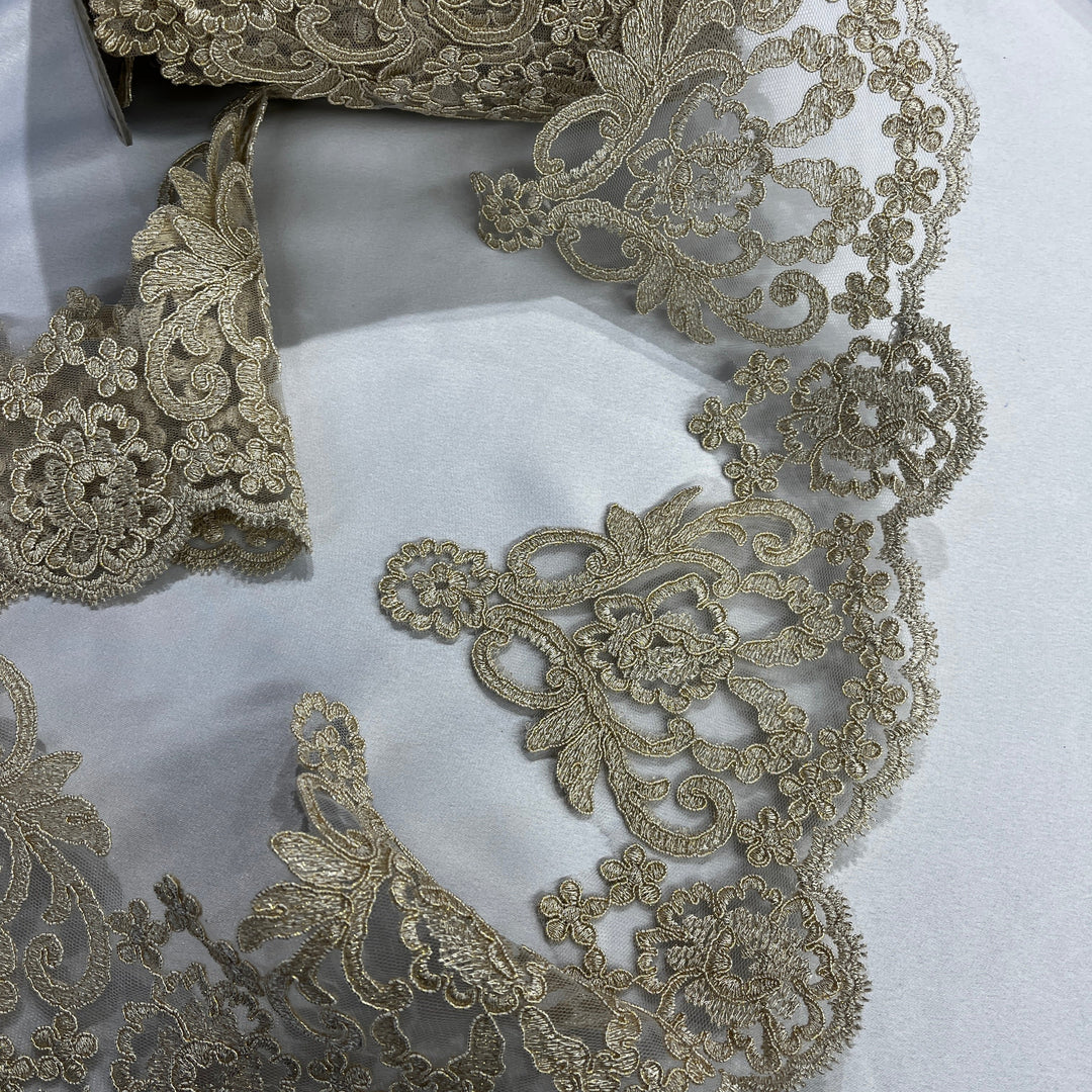 Luxury antique gold lace trim featuring delicate cording, floral embroidery, paisley motifs, and scalloped edges | Lace USA - 97214W