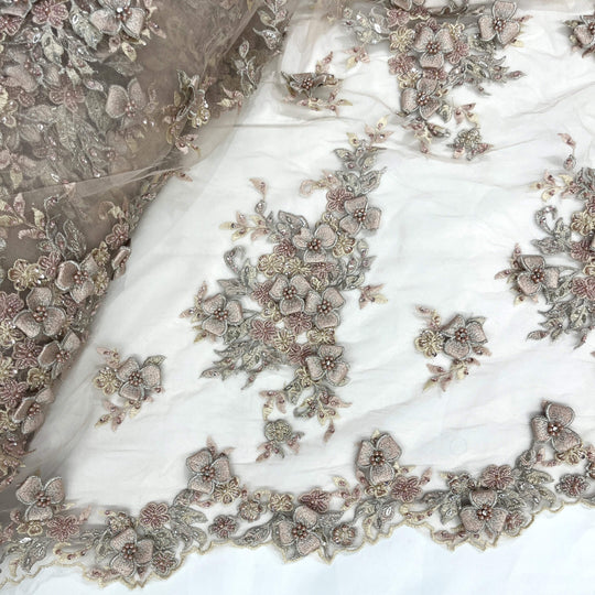 Mid view of Lace USA GD-3040 3D Blush floral lace, embellished with beads and rhinestones—ideal for dresses, gowns, and formalwear.
