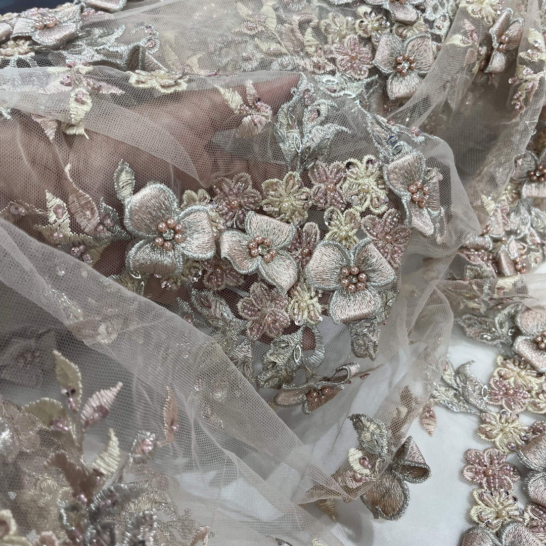 Closeup view of Lace USA GD-3040 3D Goldish Blush floral lace, embellished with beads and rhinestones—ideal for dresses, gowns, and formalwear.