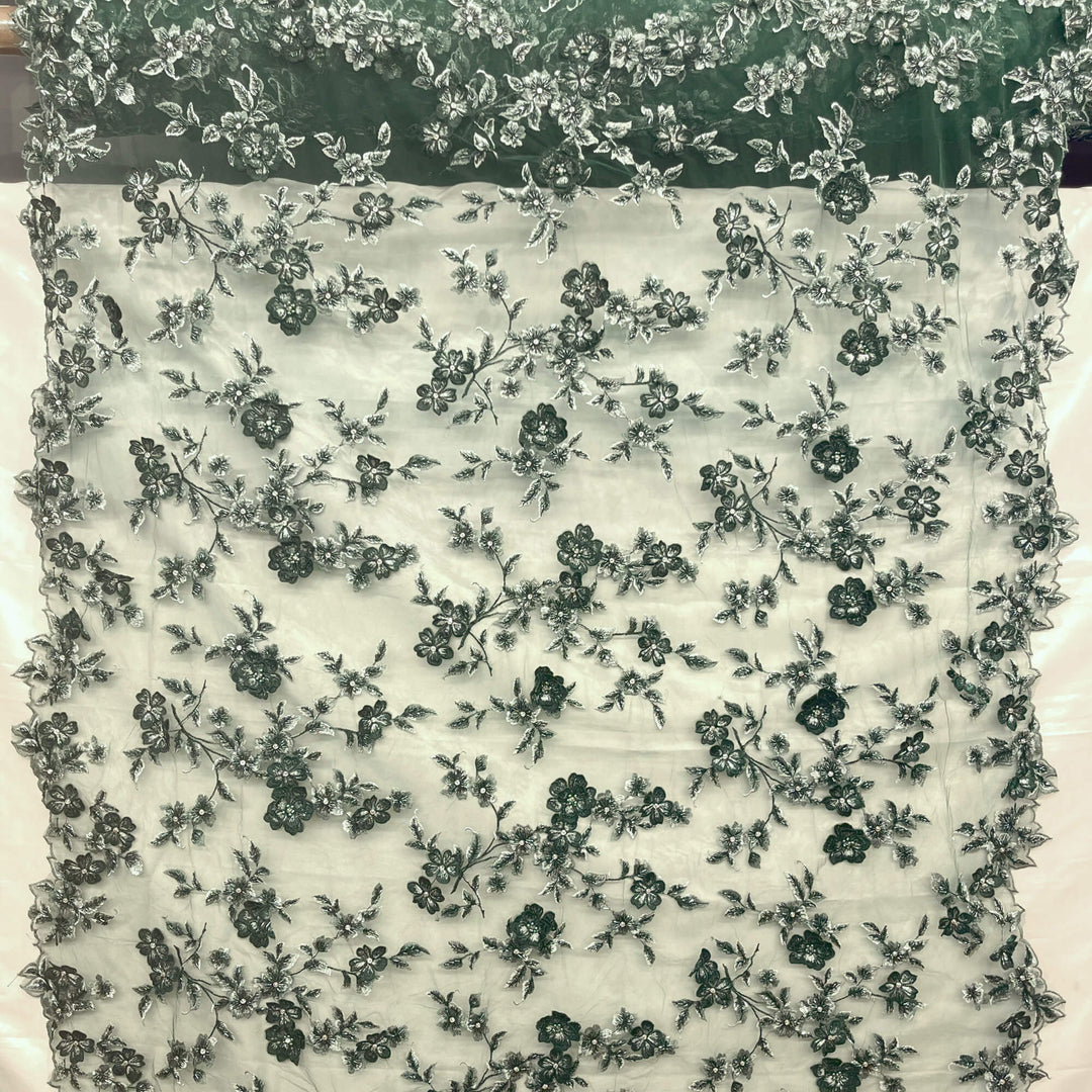 Full view Hunter Green Beaded 3D floral Lace Embroidered on Net Mesh - LaceUSA  Item GD1613 