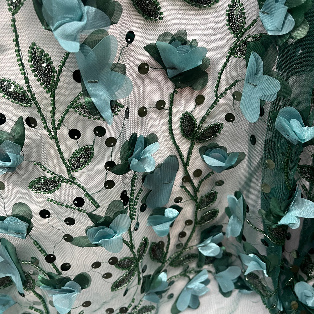 Closeup of Hunter Green Beaded 3D  Lace 3D-Lace USA - GD-945