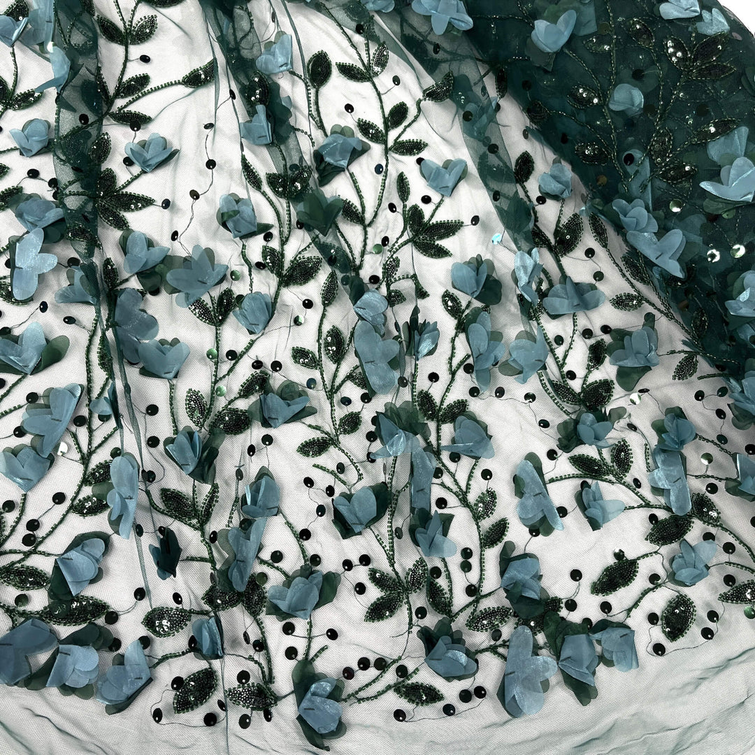 Hunter Green Beaded 3D  Lace Fabric Lace USA - GD-945