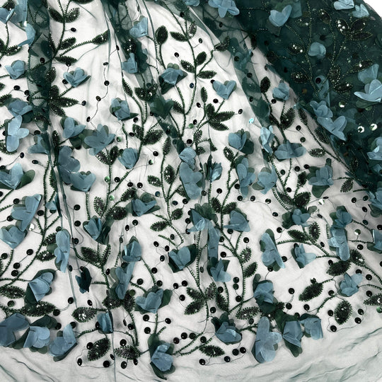 Hunter Green Beaded 3D  Lace Fabric Lace USA - GD-945