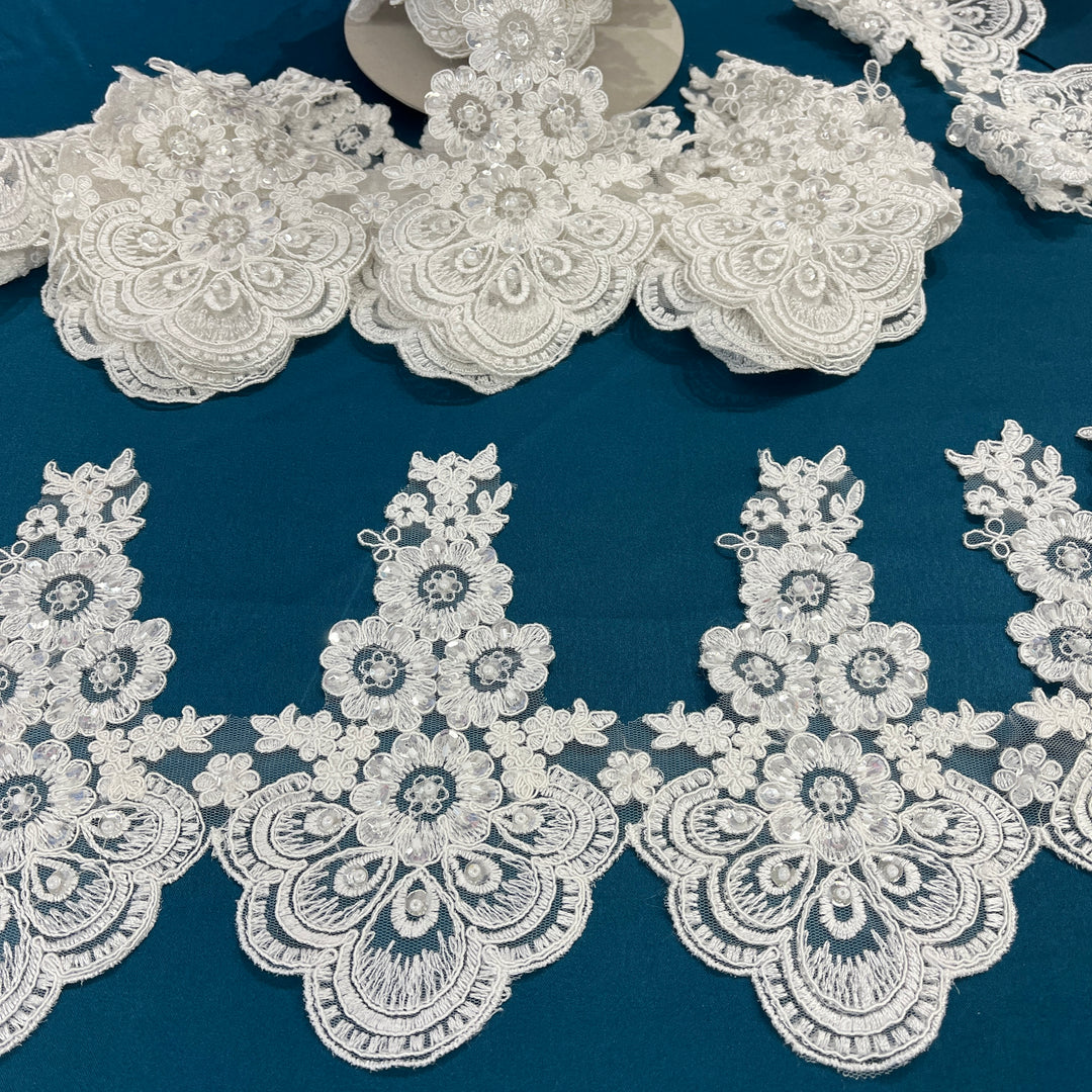 Beaded & Corded Lace Trimming Embroidered on 100% Polyester Net Mesh | Lace USA - 97015W-BP