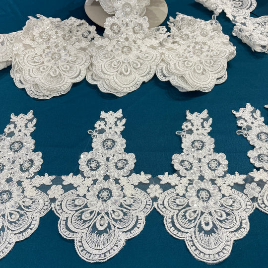Beaded & Corded Lace Trimming Embroidered on 100% Polyester Net Mesh | Lace USA - 97015W-BP