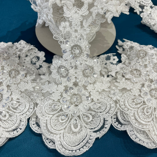 Beaded & Corded Lace Trimming Embroidered on 100% Polyester Net Mesh | Lace USA - 97015W-BP