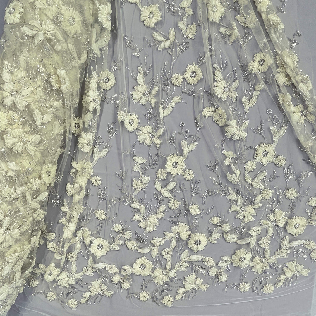Beaded 3D Floral Lace Fabric Embroidered on 100% Polyester Net Mesh | Lace USA - GD-10143