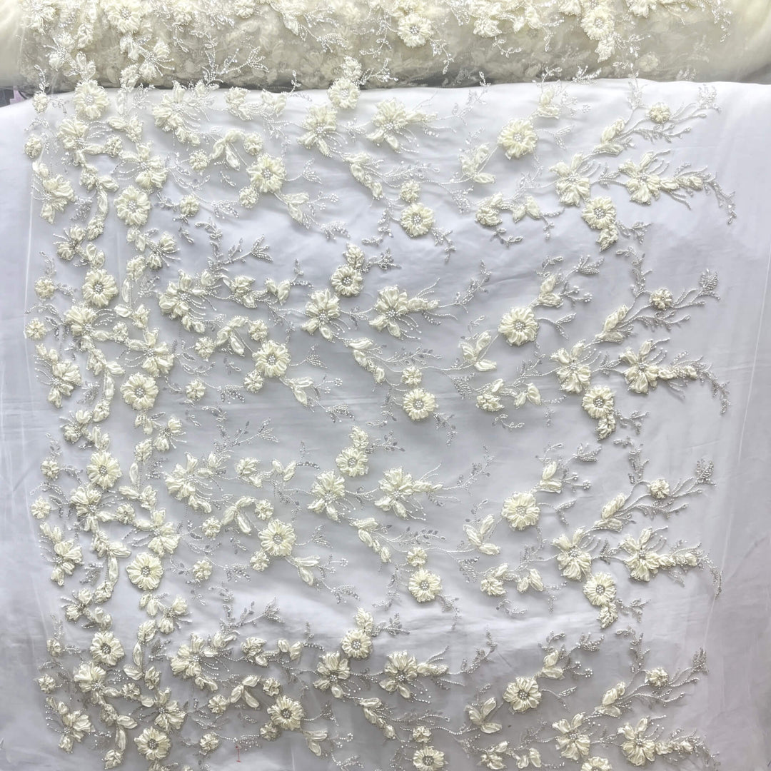 Beaded 3D Floral Lace Fabric Embroidered on 100% Polyester Net Mesh | Lace USA - GD-10143