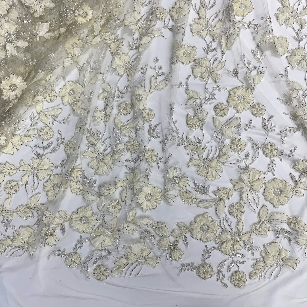 Beaded 3D Floral Lace Fabric Embroidered on 100% Polyester Net Mesh | Lace USA - GD-10143