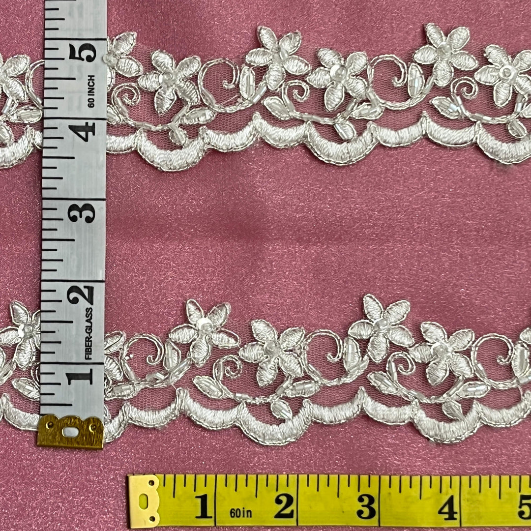 Beaded Ivory with Silver  Cording Lace Trimming with measuring tapes | Lace USA - 97012W-BP