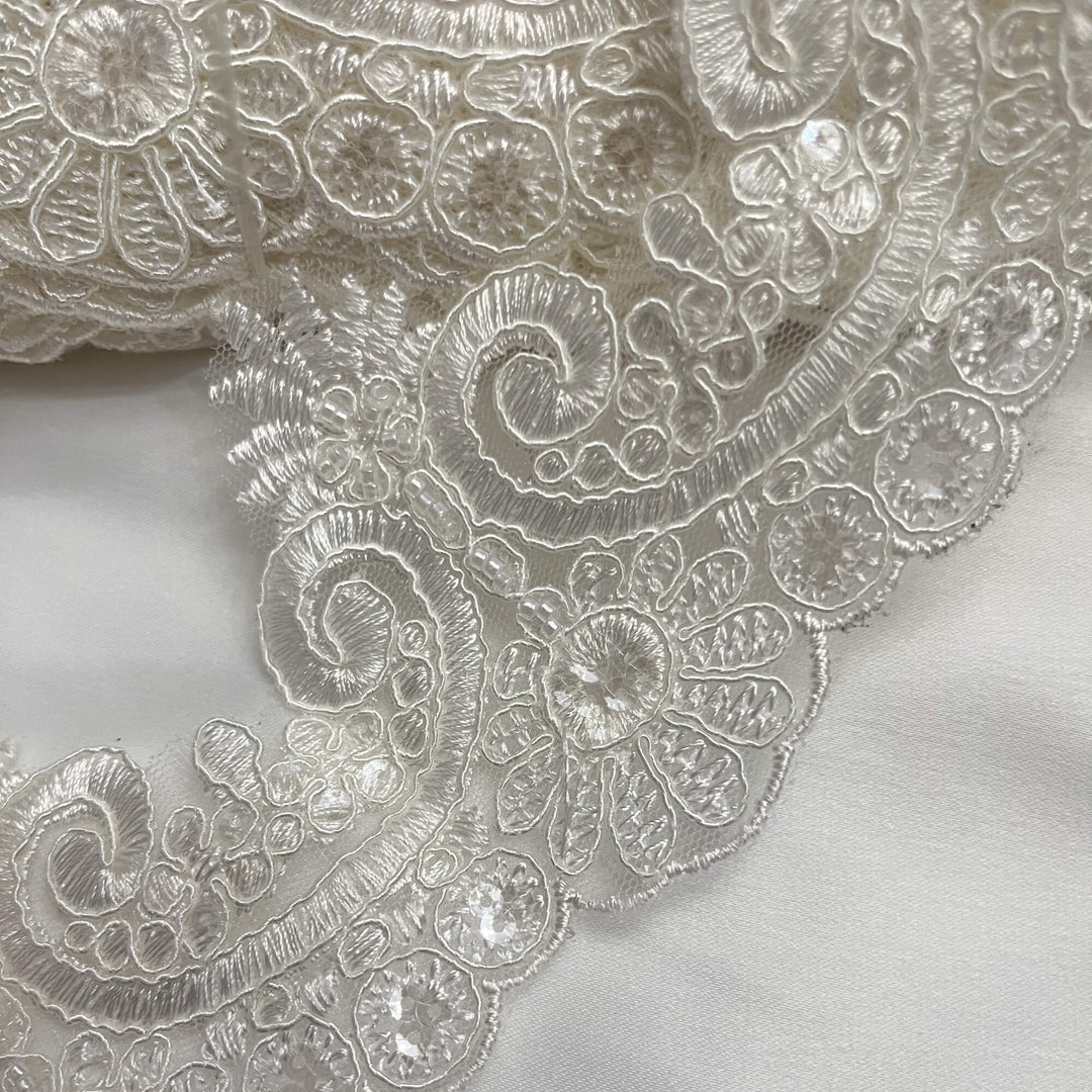 Beaded & Corded Lace Trimming Embroidered on 100% Polyester Net Mesh | Lace USA - 97120W-BP