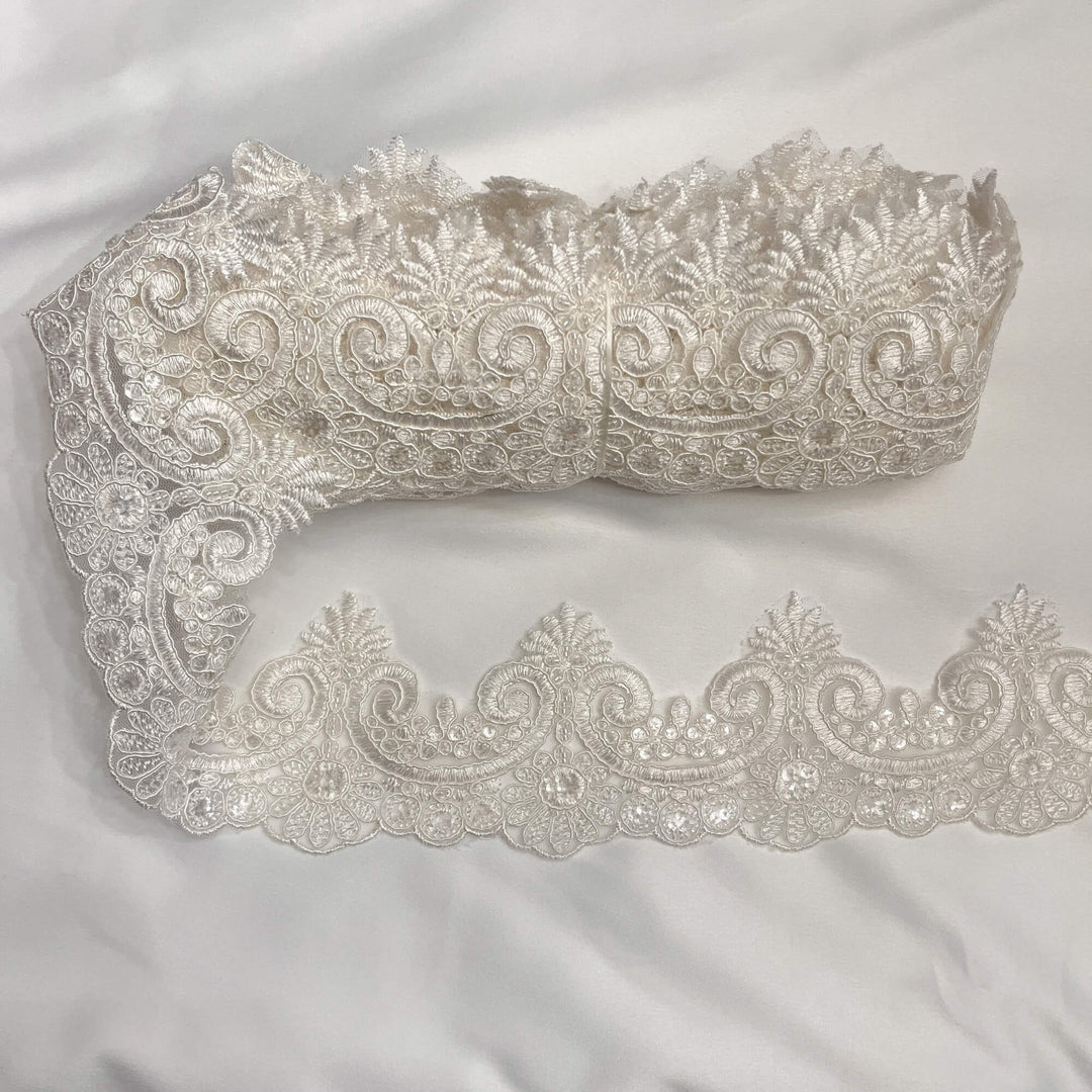 Beaded & Corded Lace Trimming Embroidered on 100% Polyester Net Mesh | Lace USA - 97120W-BP