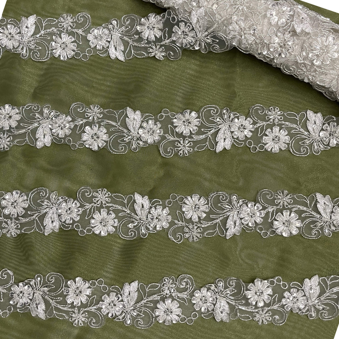 Beaded & Corded Lace Trimming Embroidered on 100% Polyester Net Mesh | Lace USA - 96283W-BP