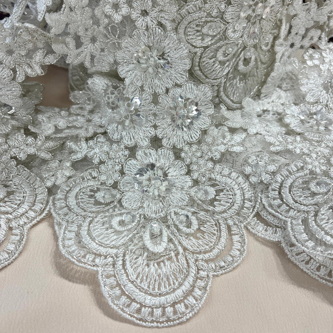 Beaded & Corded Lace Trimming Embroidered on 100% Polyester Net Mesh | Lace USA - 97015W-BP