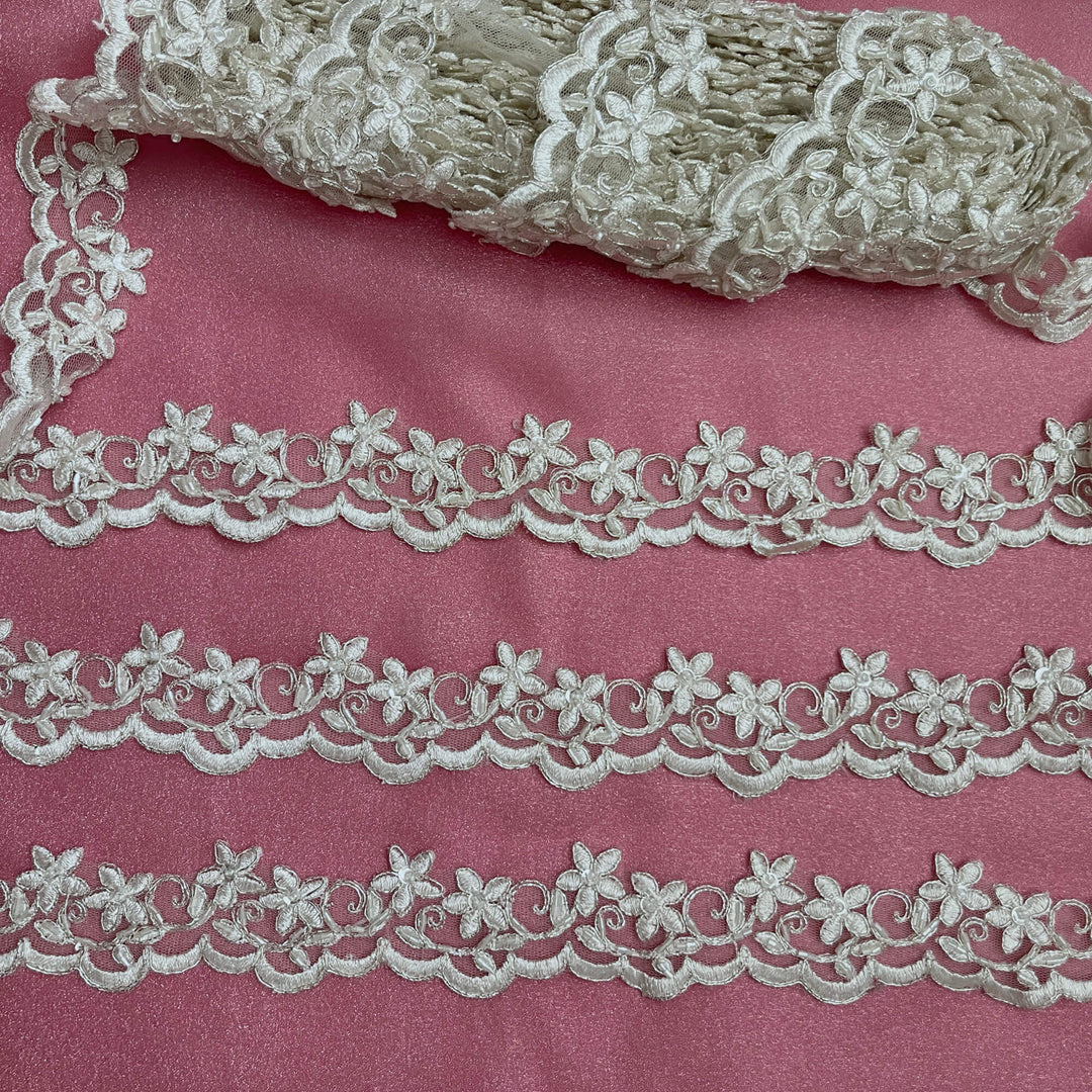 Beaded Ivory with Silver  Cording Lace Trimming Embroidered on 100% Polyester Net Mesh | Lace USA - 97012W-BP