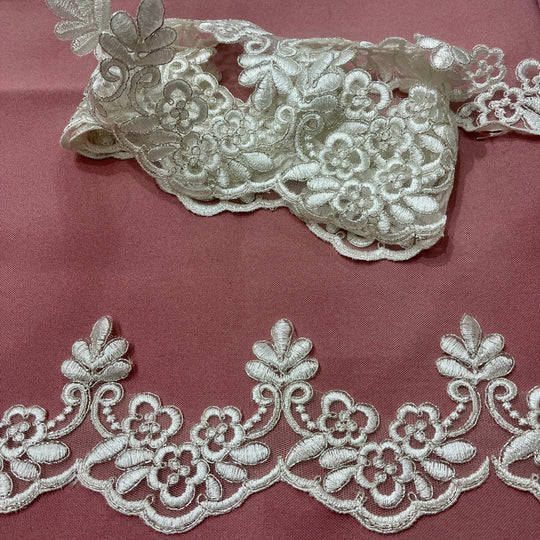Ivory with Silver Cording Lace Trimming Embroidered on 100% Polyester Net Mesh | Lace USA - 95967W/1