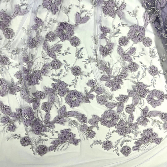 Beaded 3D Floral Lace Fabric Embroidered on 100% Polyester Net Mesh | Lace USA - GD-10143