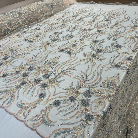 Beaded Lace Fabric Embroidered on 100% Polyester Net Mesh | Lace USA - GD-26227