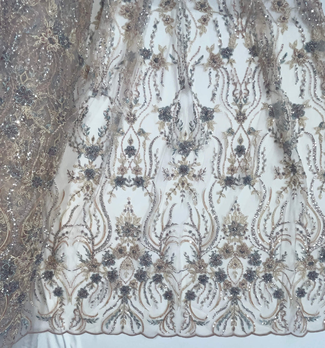 Beaded Lace Fabric Embroidered on 100% Polyester Net Mesh | Lace USA - GD-26227