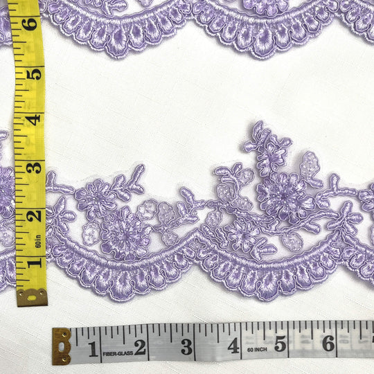 Lilac beaded corded floral scalloped lace Trim  embroidered on net mesh with measuring tape for scale - LaceUSA 96215WHB  