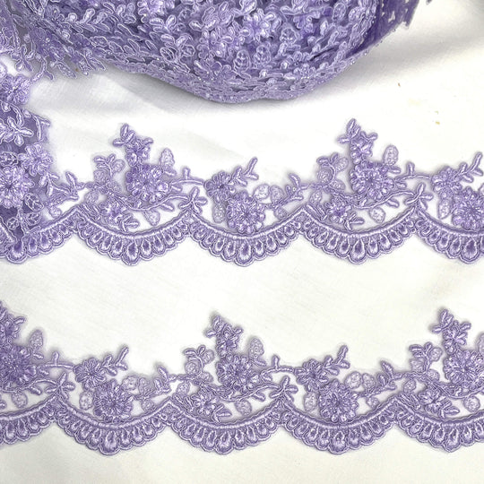 Lilac beaded corded floral scalloped lace Trim embroidered on net mesh - LaceUSA 96215WHB  