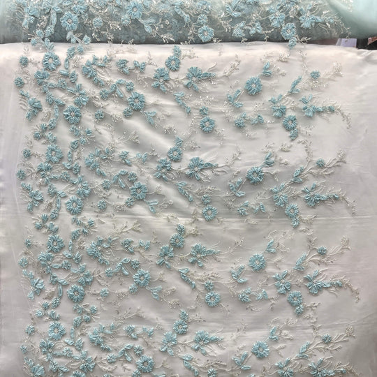 Beaded 3D Floral Lace Fabric Embroidered on 100% Polyester Net Mesh | Lace USA - GD-10143
