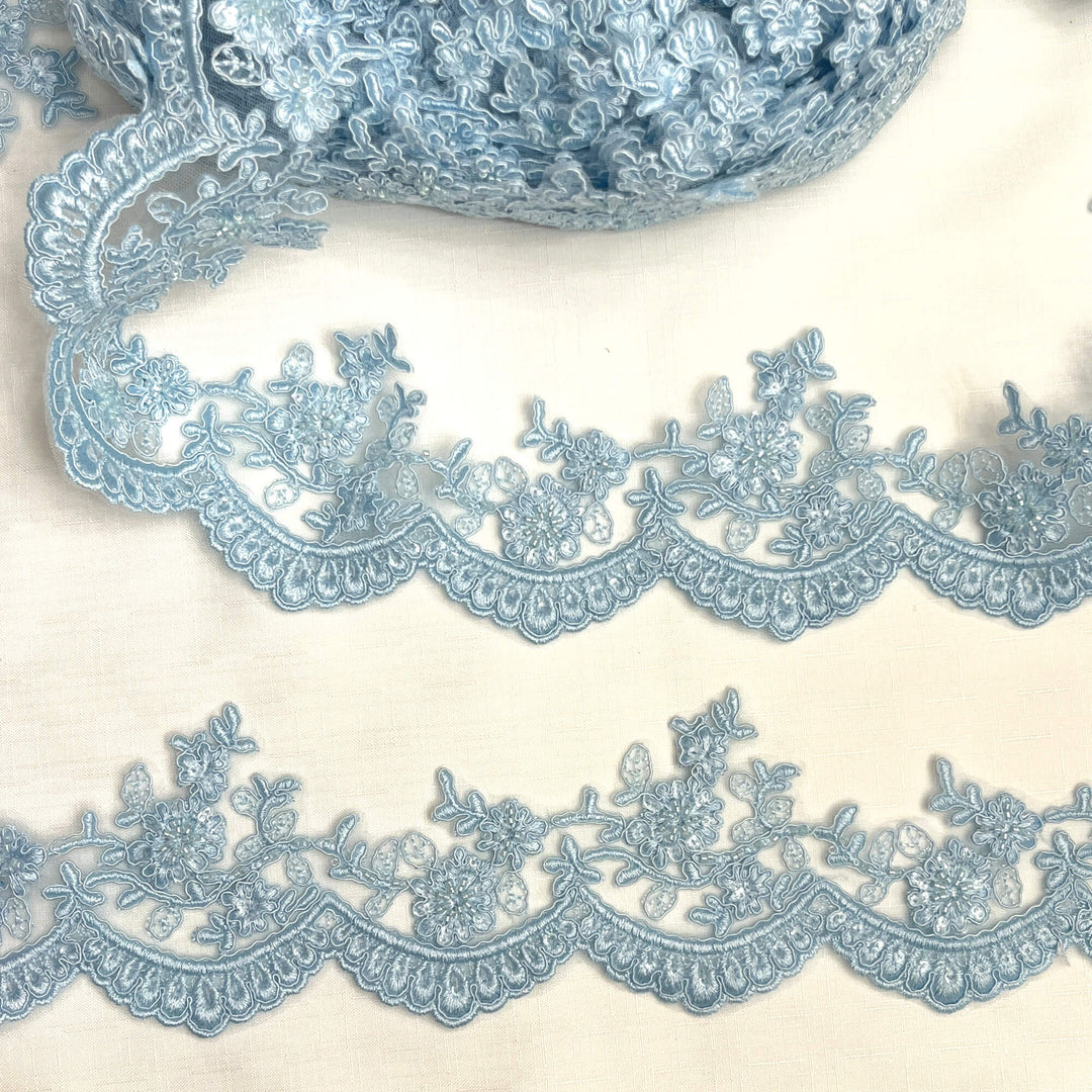 Light Blue Beaded Corded floral lace Embroidered on 100% Polyester Net Mesh - LaceUSA 96215WHB