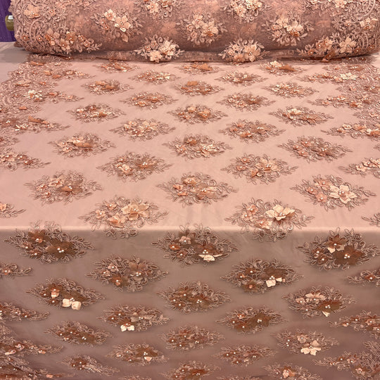 Beaded 3D Floral Lace Fabric Embroidered on 100% Polyester Net Mesh | Lace USA - GD-982