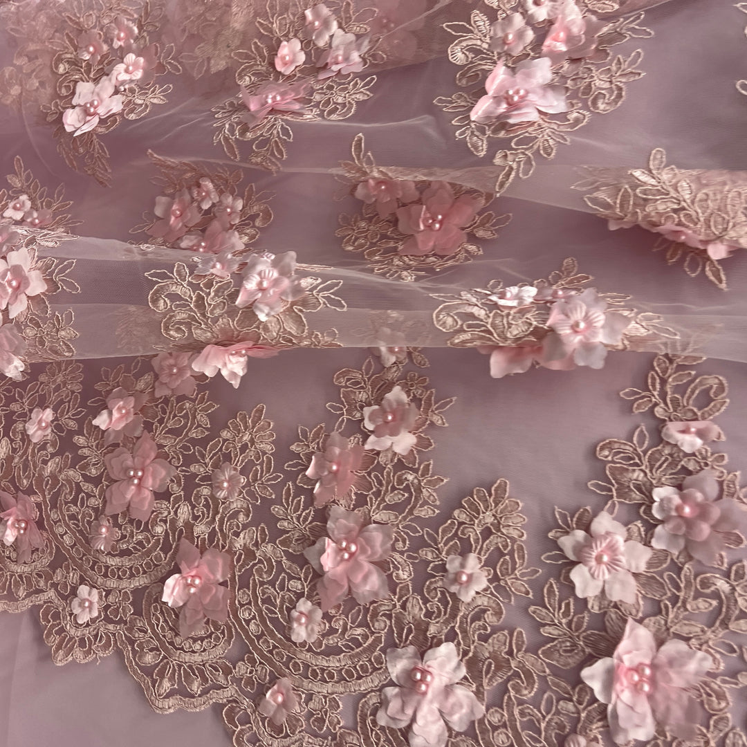 Beaded 3D Floral Lace Fabric Embroidered on 100% Polyester Net Mesh | Lace USA - GD-982