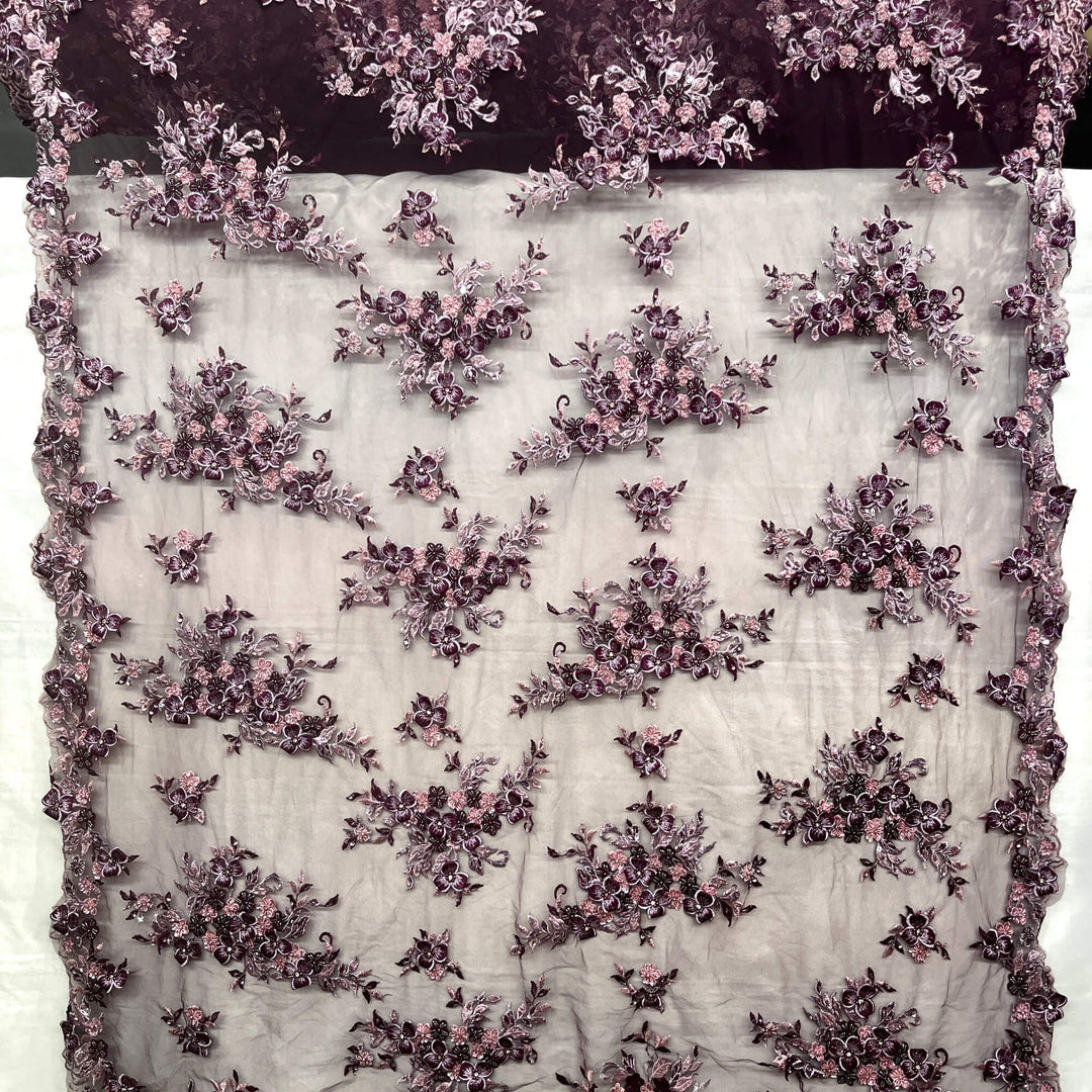 Full view of Lace USA GD-3040 3D Magenta floral lace, embellished with beads and rhinestones—ideal for dresses, gowns, and formalwear.