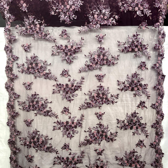 Full view of Lace USA GD-3040 3D Magenta floral lace, embellished with beads and rhinestones—ideal for dresses, gowns, and formalwear.