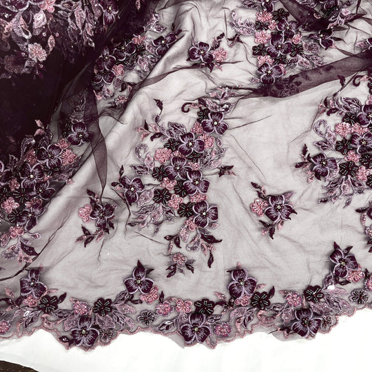 Mid view of Lace USA GD-3040 3D magenta floral lace, embellished with beads and rhinestones—ideal for dresses, gowns, and formalwear.