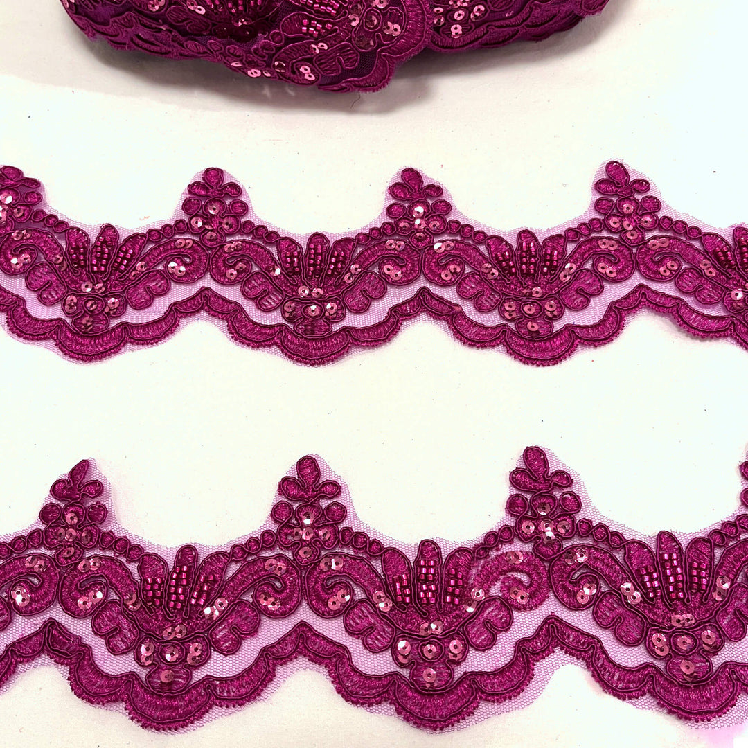 Ribete de encaje con cordón y cuentas bordado en malla de red 100 % poliéster | Encaje EE. UU.