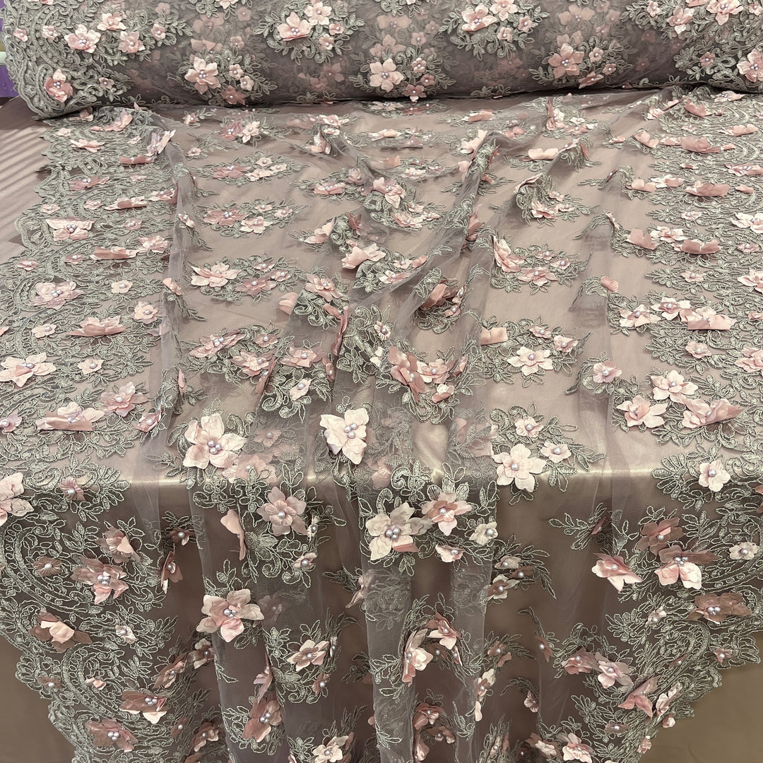 Beaded 3D Floral Lace Fabric Embroidered on 100% Polyester Net Mesh | Lace USA - GD-982