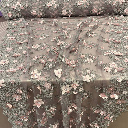 Beaded 3D Floral Lace Fabric Embroidered on 100% Polyester Net Mesh | Lace USA - GD-982