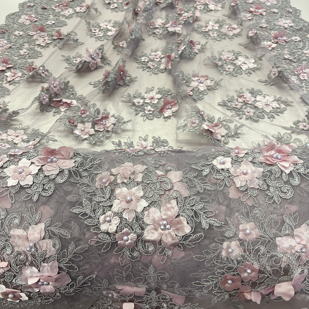 Beaded 3D Floral Lace Fabric Embroidered on 100% Polyester Net Mesh | Lace USA - GD-982
