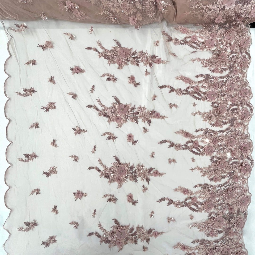 Full view of mauve 3D embroidered floral lace fabric, embellished with beads and rhinestones – LaceUSA GD2880