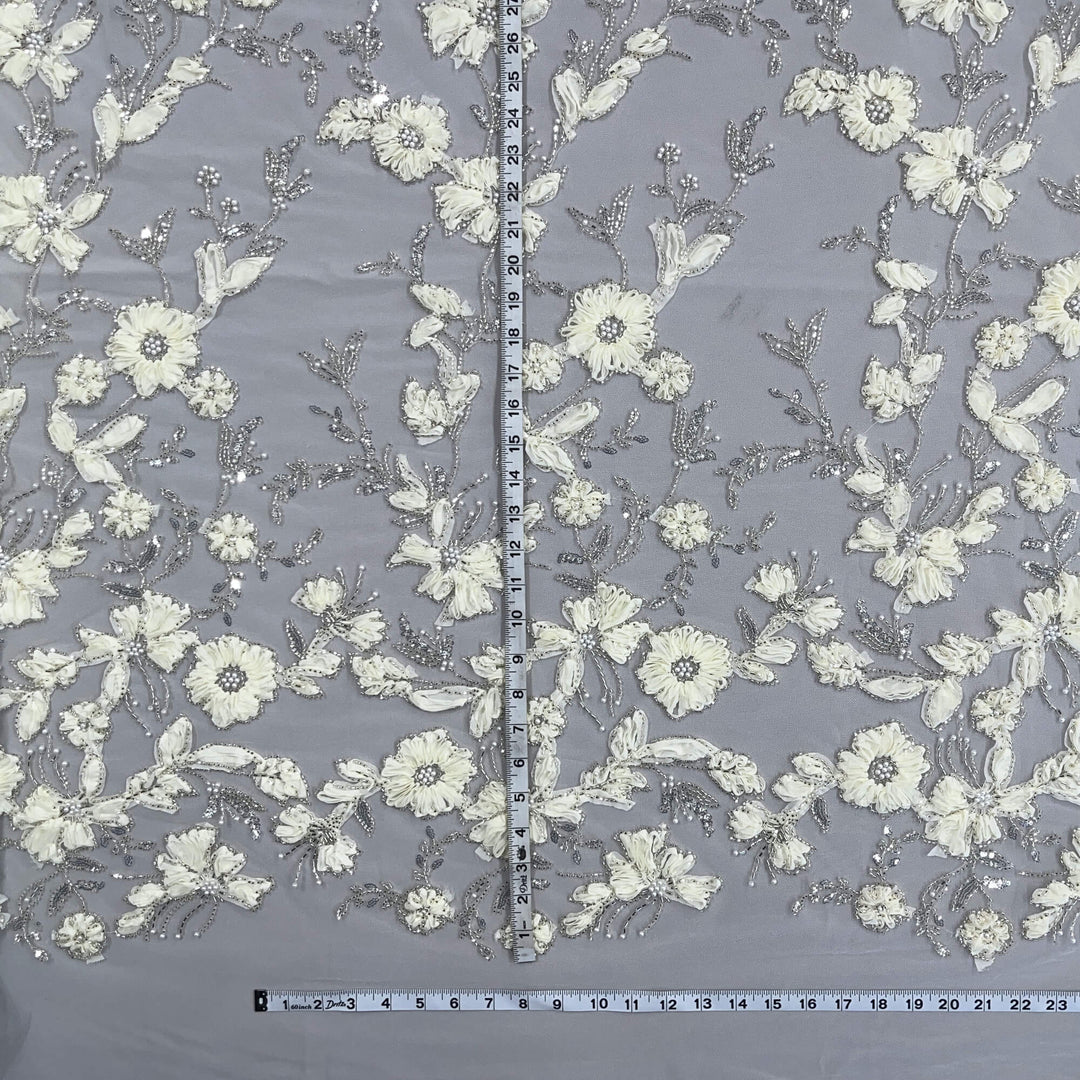 Beaded 3D Floral Lace Fabric Embroidered on 100% Polyester Net Mesh | Lace USA - GD-10143