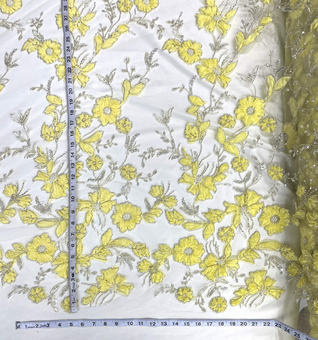 Beaded 3D Floral Lace Fabric Embroidered on 100% Polyester Net Mesh | Lace USA - GD-10143