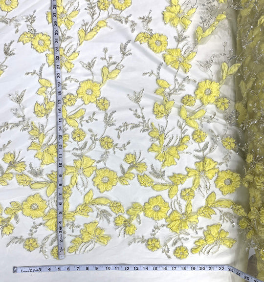 Beaded 3D Floral Lace Fabric Embroidered on 100% Polyester Net Mesh | Lace USA - GD-10143