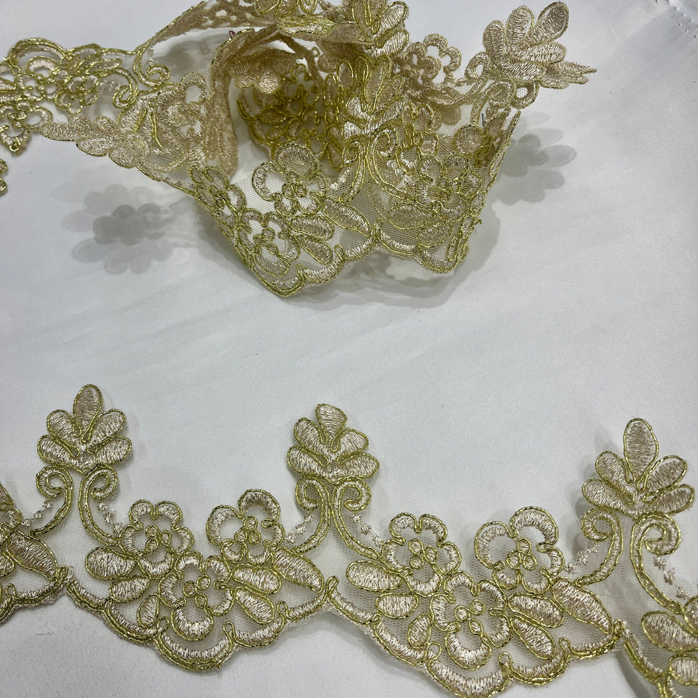 Metalic Gold Corded Lace Trimming Embroidered on 100% Polyester Net Mesh | Lace USA - 95967W/1