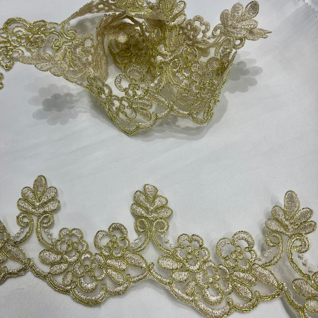 Metalic Gold Corded Lace Trimming Embroidered on 100% Polyester Net Mesh | Lace USA - 95967W/1
