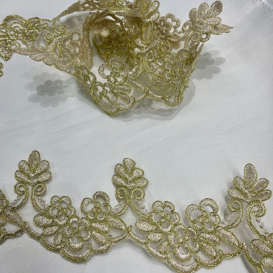 Metalic Gold Corded Lace Trimming Embroidered on 100% Polyester Net Mesh | Lace USA - 95967W/1