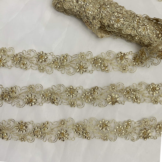 Beaded & Corded Lace Trimming Embroidered on 100% Polyester Net Mesh | Lace USA - 96283W-BP